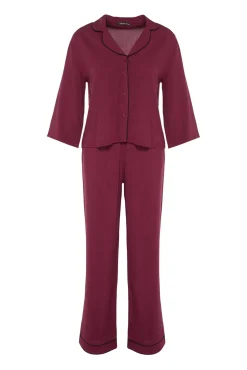 Trendyol Pijamas-Conjunto de pijama camiseiro de viscose vermelha com vivo estampado