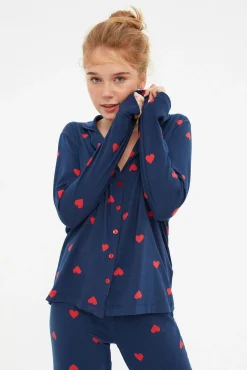 Trendyol Pijamas-Conjunto de pijama camiseiro marinho com corações azul