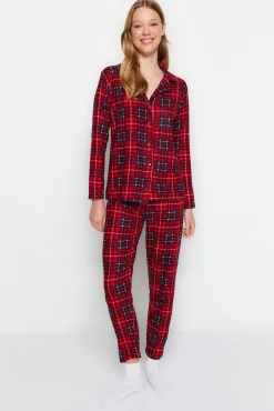 Trendyol Pijamas-Conjunto de pijama camiseiro xadrez macio ao toque vermelho