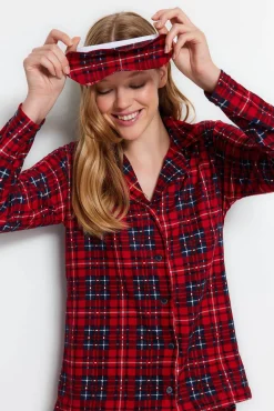 Trendyol Pijamas-Conjunto de pijama camiseiro xadrez macio ao toque vermelho