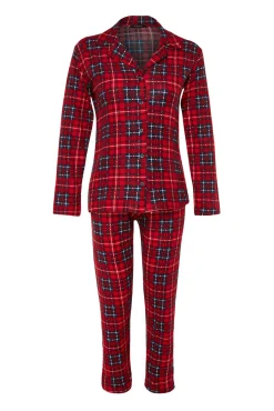 Trendyol Pijamas-Conjunto de pijama camiseiro xadrez macio ao toque vermelho