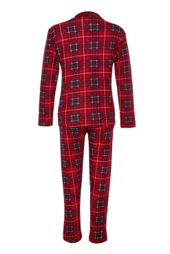 Trendyol Pijamas-Conjunto de pijama camiseiro xadrez macio ao toque vermelho