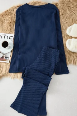 Trendyol Pijamas-Conjunto de pijama canelado marinho com detalhe de fechadura azul