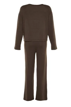 Trendyol Pijamas-Conjunto de pijama canelado marrom cru