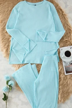 Trendyol Pijamas-Conjunto de pijama canelado com detalhe de fechadura na cor menta verde