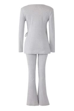 Trendyol Pijamas-Conjunto de pijama cinza mesclado com gola cruzada e detalhe de laço cinzento