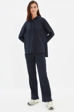 Trendyol Pijamas-Conjunto de pijama com capuz canelado azul