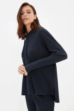 Trendyol Pijamas-Conjunto de pijama com capuz canelado azul