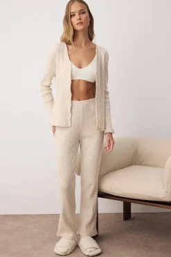 Trendyol Pijamas-Conjunto de pijama comprido de malha malha com cardigan riscas bege