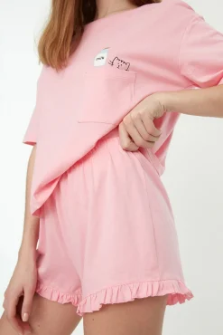 Trendyol Pijamas-Conjunto de pijama curto de algodão com babados rosa