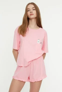 Trendyol Pijamas-Conjunto de pijama curto de algodão com babados rosa