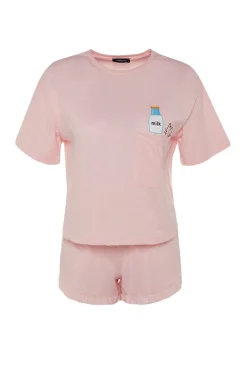 Trendyol Pijamas-Conjunto de pijama curto de algodão com babados rosa