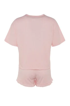 Trendyol Pijamas-Conjunto de pijama curto de algodão com babados rosa