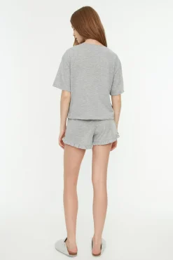 Trendyol Pijamas-Conjunto de pijama curto de algodão cinza com babados cinzento