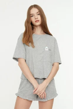 Trendyol Pijamas-Conjunto de pijama curto de algodão cinza com babados cinzento