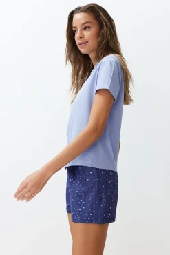 Trendyol Pijamas-Conjunto de pijama curto estampado com estrelas azuis azul