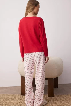 Trendyol Pijamas-Conjunto de pijama de coração com slogan vermelho