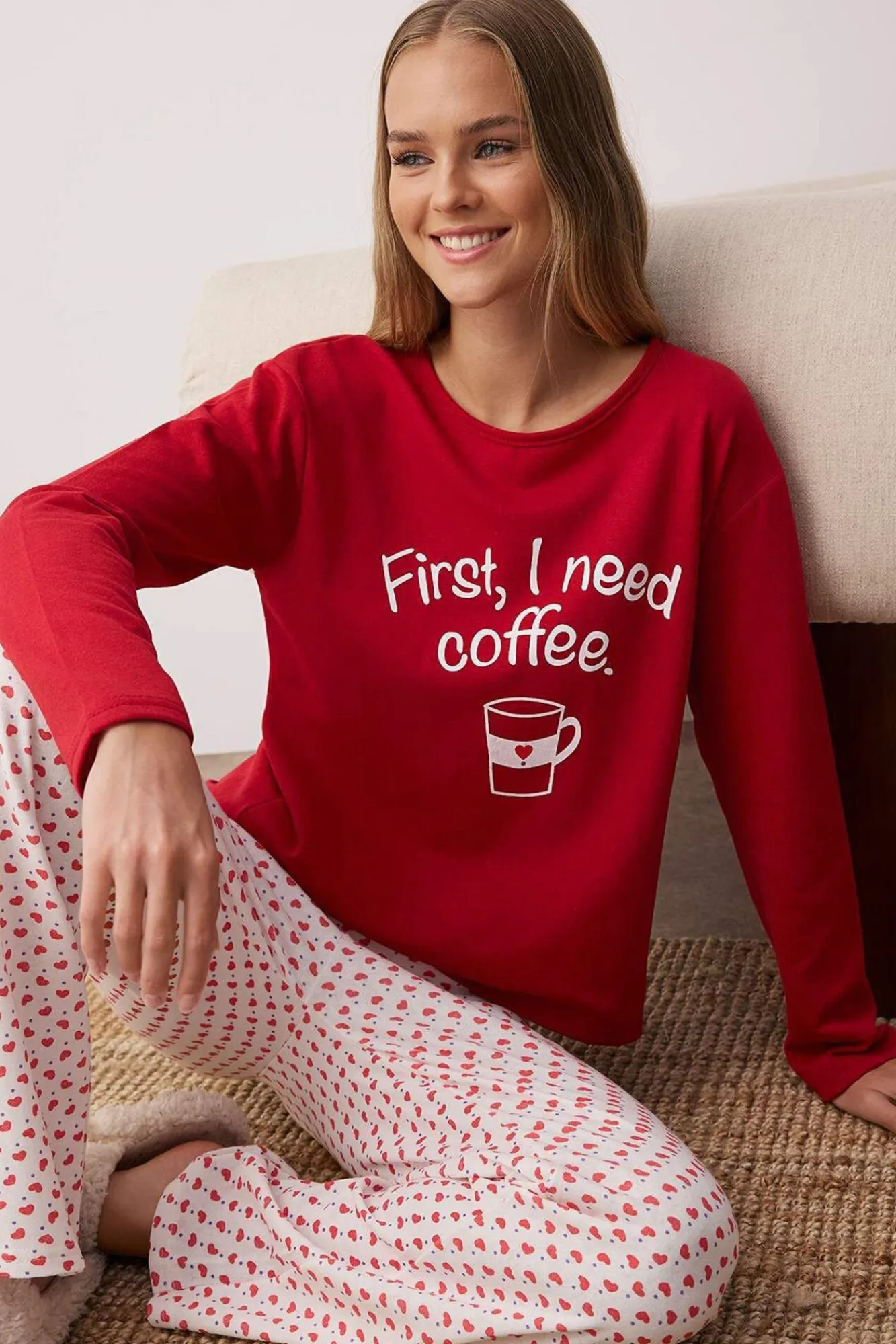 Trendyol Pijamas-Conjunto de pijama de coração com slogan vermelho