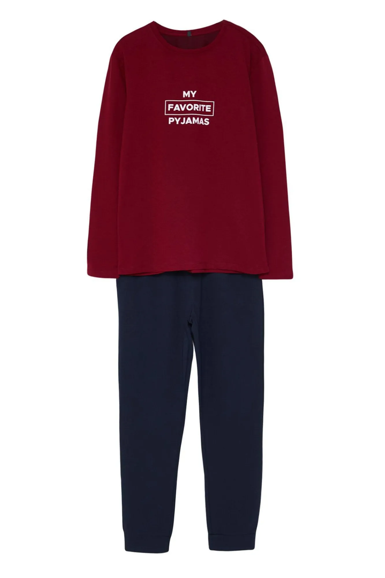 Trendyol Pijamas-Conjunto de pijama de corte regular vermelho bordô estampado