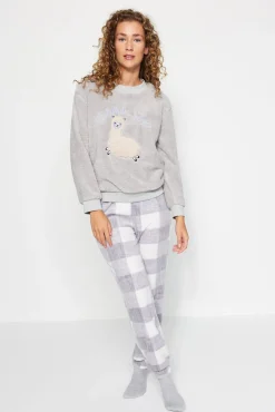Trendyol Pijamas-Conjunto de pijama de inverno xadrez cinza com estampado de lhama cinzento