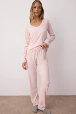 Trendyol Pijamas-Conjunto de pijama de inverno em malha com gola em V rosa