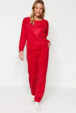 Trendyol Pijamas-Conjunto de pijama de inverno de bolinhas com bolinhas vermelhas vermelho