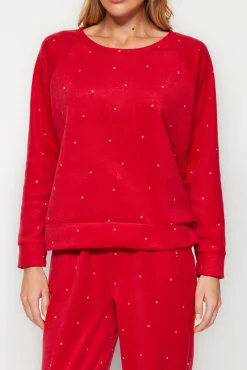 Trendyol Pijamas-Conjunto de pijama de inverno de bolinhas com bolinhas vermelhas vermelho