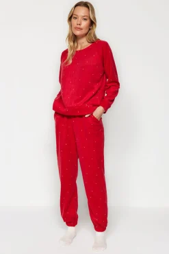 Trendyol Pijamas-Conjunto de pijama de inverno de bolinhas com bolinhas vermelhas vermelho
