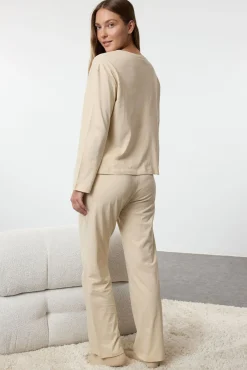 Trendyol Pijamas-Conjunto de pijama de inverno feminino, , para casal ou casal bege