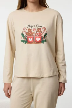 Trendyol Pijamas-Conjunto de pijama de inverno feminino, , para casal ou casal bege