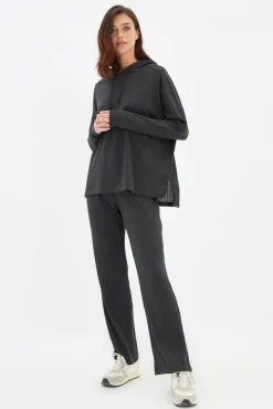 Trendyol Pijamas-Conjunto de pijama de malha canelada com capuz antracite cinzento