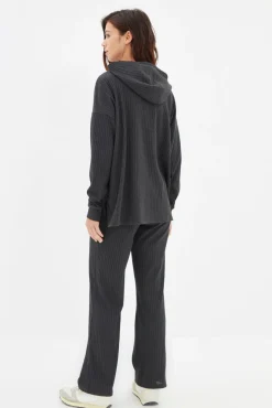 Trendyol Pijamas-Conjunto de pijama de malha canelada com capuz antracite cinzento