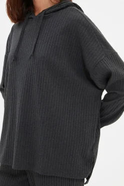 Trendyol Pijamas-Conjunto de pijama de malha canelada com capuz antracite cinzento