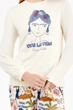 Gisela Pijamas-Conjunto de pijama de malha Frida Kahlo bege