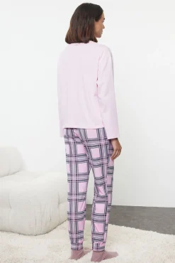 Trendyol Pijamas-Conjunto de pijama de Natal xadrez rosa estampado