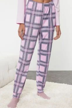 Trendyol Pijamas-Conjunto de pijama de Natal xadrez rosa estampado