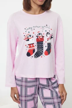 Trendyol Pijamas-Conjunto de pijama de Natal xadrez rosa estampado