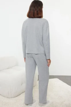 Trendyol Pijamas-Conjunto de pijama de pelúcia cinza cinzento