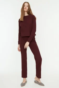 Trendyol Pijamas-Conjunto de pijama de veludo cotelê bordô estampado