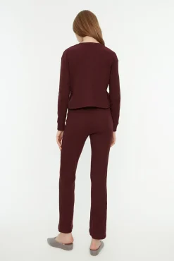 Trendyol Pijamas-Conjunto de pijama de veludo cotelê bordô estampado