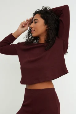 Trendyol Pijamas-Conjunto de pijama de veludo cotelê bordô estampado