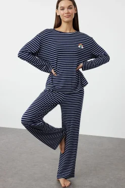 Trendyol Pijamas-Conjunto de pijama de viscose riscas marinho azul