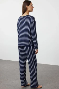 Trendyol Pijamas-Conjunto de pijama de viscose riscas marinho azul