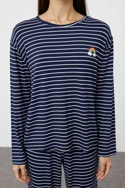 Trendyol Pijamas-Conjunto de pijama de viscose riscas marinho azul