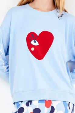 Gisela Pijamas-Conjunto de pijama em malha malha com motivos de coração azul