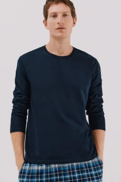 Cortefiel Pijamas-Conjunto de pijama malha e tecido Azul