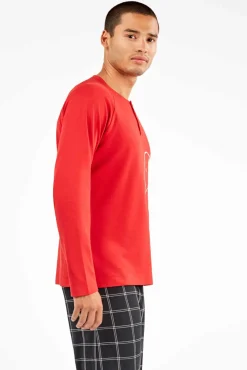 Gisela Pijamas-Conjunto de pijama masculino de malha interlock do Snoopy vermelho