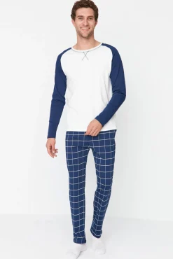 Trendyol Pijamas-Conjunto de pijama xadrez regular fit marinho azul