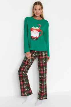 Trendyol Pijamas-Conjunto de pijama xadrez de Natal verde