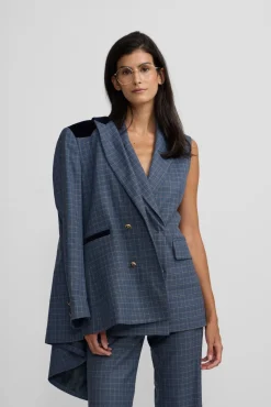 Silbon Blazers|Sobretudos-Detalhes xadrez de veludo americano Azul